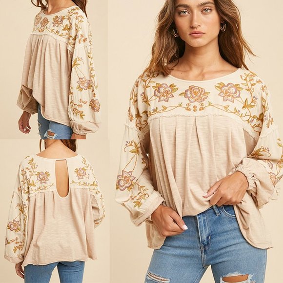 NEW Natural Floral Embroidered Oversize Blouse Top - Picture 2 of 12